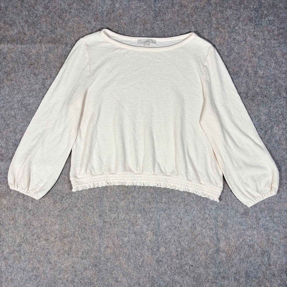 LOFT Smocked Hem Blouse Womens XL Ivory Textured Cotton Balloon Sleeve 527415